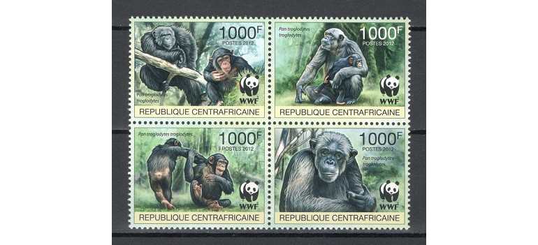 REPUBLICA CENTRAFRICANA 2012 - FAUNA WWF - SERIE IN BLOC DE 4 TIMBRE - NESTAMPILATA - MNH / fauna626